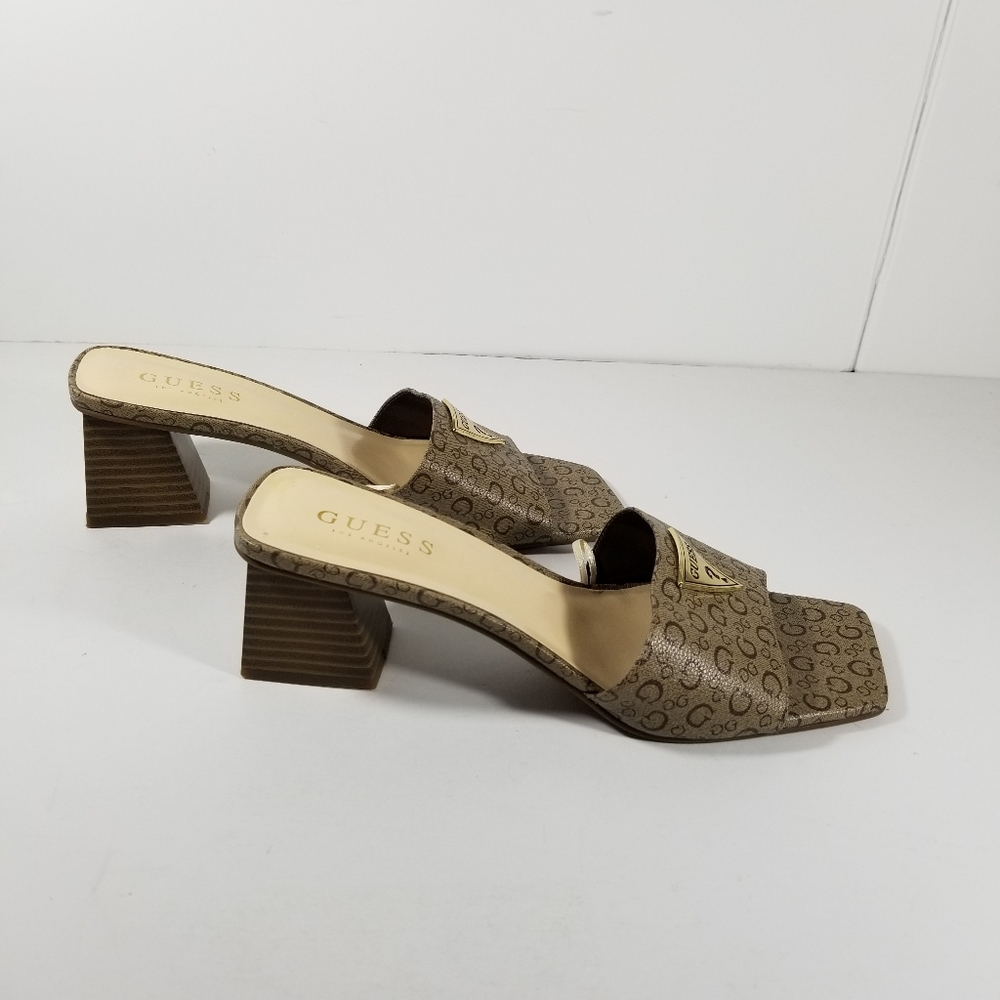 Guess Brown Monogram Block Heel Slide Sandals